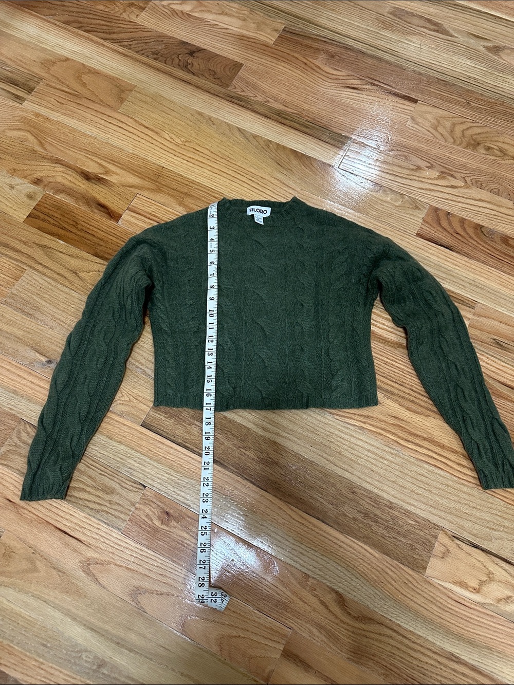 Filoro 2-Ply 100% Cashmere Olive Green Cable Knit Cropped Sweater